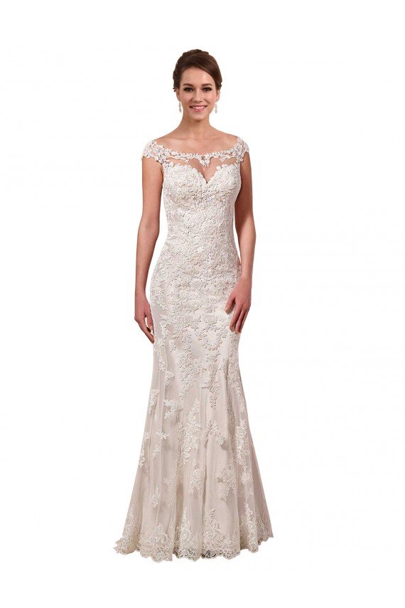Outlet Illusion Bateau Neckline Fit and Flare Lace Wedding Dress