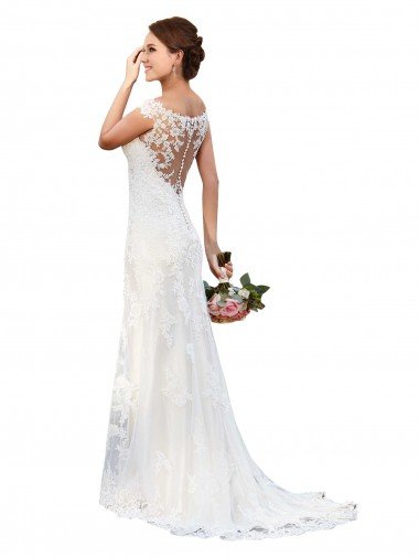 Outlet Illusion Bateau Neckline Fit and Flare Lace Wedding Dress