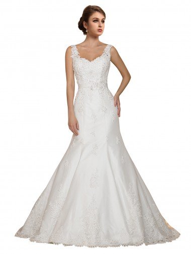 Outlet Sweethart V-Neckline Lace Wedding Dress with Shoulder Straps