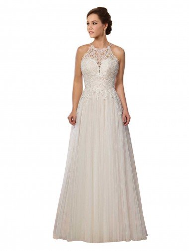 Outlet Illusion Halter Lace Boho Wedding Dress with Plunging Sweetheart Bodice