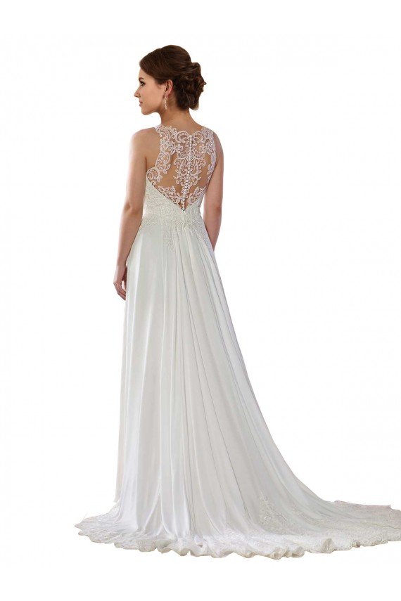 Outlet Illusion Neck A-Line Chiffon Beach Wedding Dress with Lace Halter Neckline