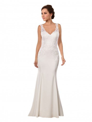 Outlet V-Neck Mermaid Crepe Wedding Dress with Lace Bodice