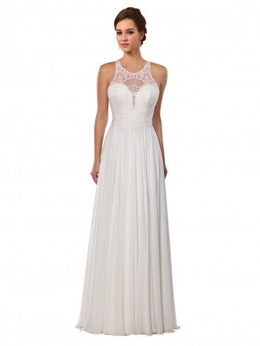 Outlet Illusion Neck A-Line Lace and Chiffon Beach Wedding Dress