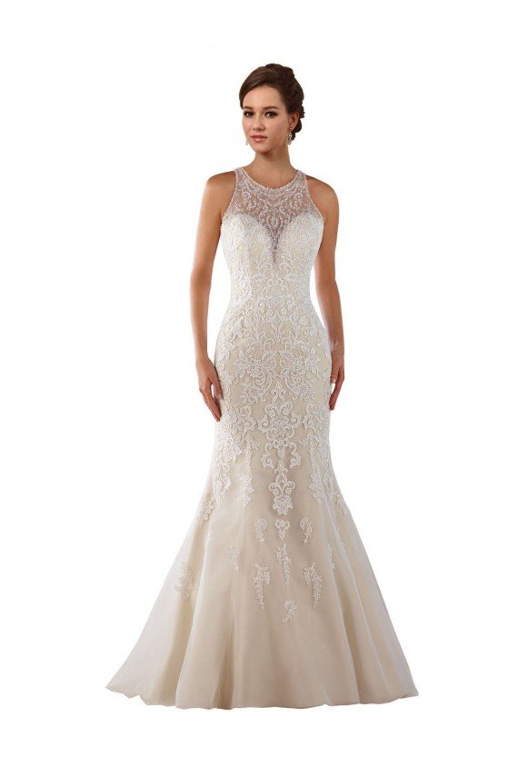 Outlet High Neck Mermaid Lace Wedding Dress with Illusion Back