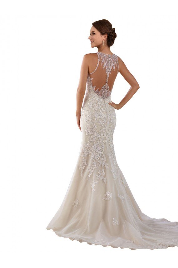 Outlet High Neck Mermaid Lace Wedding Dress with Illusion Back