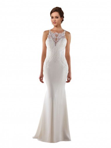 Outlet Modern High Neck Sheath Wedding Dress with Lace Bodice