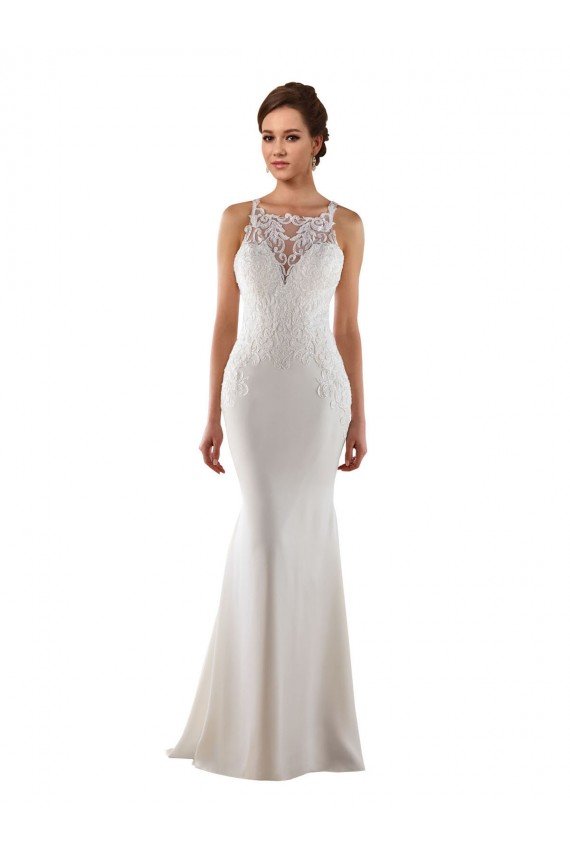 Outlet Modern High Neck Sheath Wedding Dress with Lace Bodice