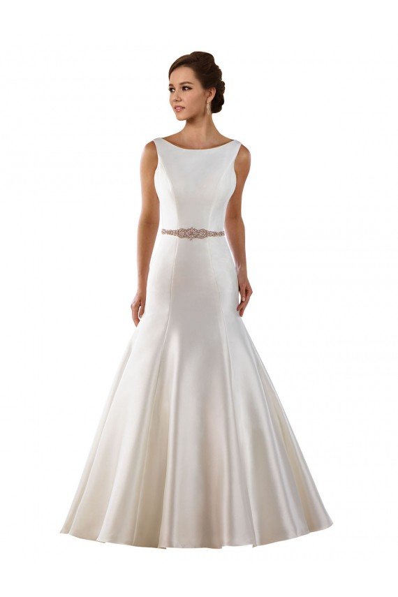 Outlet Modern Boat Neck Mermaid Satin Wedding Dress with Deep V-Back