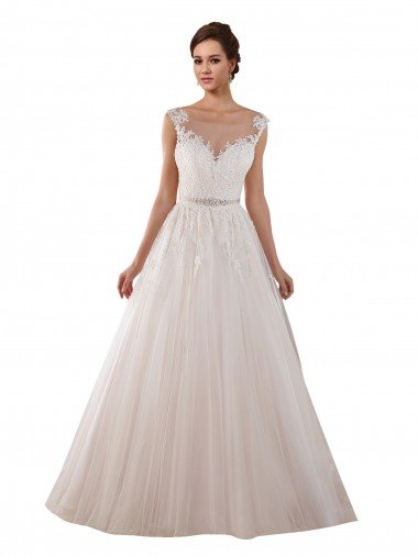Outlet Illusion Sweetheart Neck Ball Gown Tulle Wedding Dress with Lace Bodice