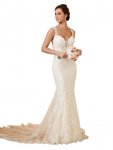 Outlet Modern Chapel Train Sweetheart Mermaid Lace Wedding Dress with Keyhole Back