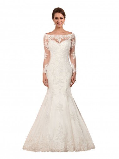 Outlet Long Sleeves Mermaid Lace Wedding Dress with Illusion Back