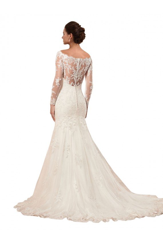 Outlet Long Sleeves Mermaid Lace Wedding Dress with Illusion Back