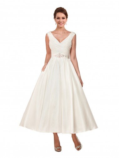 Outlet V-Neck A-Line Short Ankle Length Satin Wedding Dress