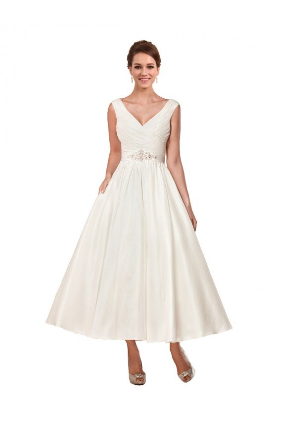 Outlet V-Neck A-Line Short Ankle Length Satin Wedding Dress