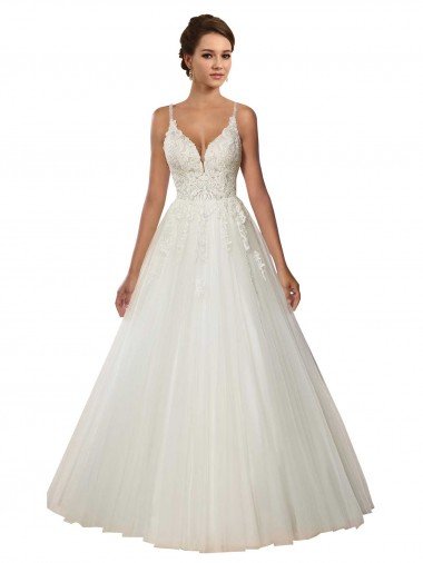 Outlet Modern Spaghetti Straps Ball Gown Tulle Wedding Dress with Lace Bodice