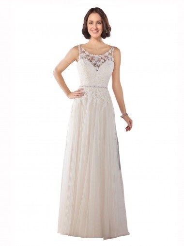 Outlet High Lace Neck Illusion Back Tulle Boho Wedding Dress