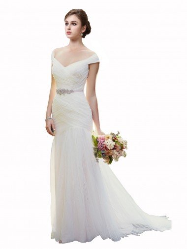 Outlet Cap Sleeves Off the Shoulder Ruched Mermaid Tulle Beach Wedding Dress