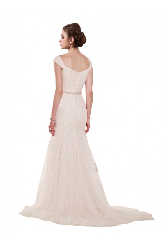 Outlet Cap Sleeves Off the Shoulder Ruched Mermaid Tulle Beach Wedding Dress