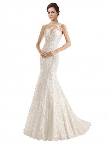 Outlet Illusion Neck Mermaid All Over Lace Wedding Dress