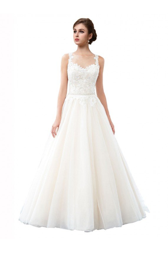 Outlet Illusion Neck A-Line Tulle Beach Wedding Dress with Lace Bodice