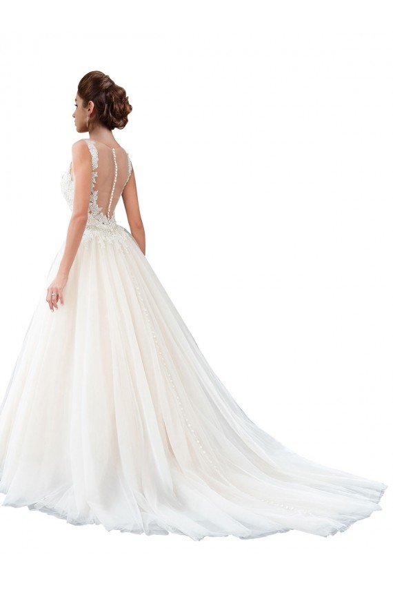 Outlet Illusion Neck A-Line Tulle Beach Wedding Dress with Lace Bodice