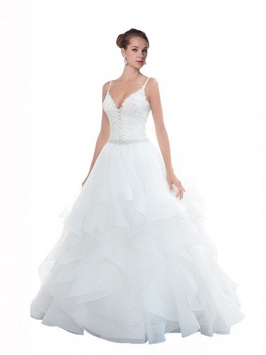 Outlet Spaghetti Straps Ball Gown Beach Wedding Dress with Lace Bodice