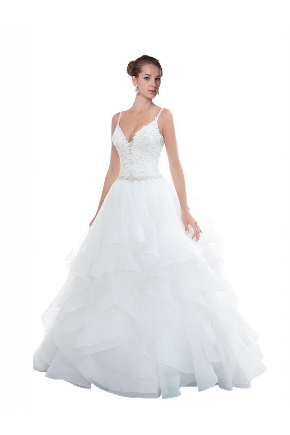 Outlet Spaghetti Straps Ball Gown Beach Wedding Dress with Lace Bodice