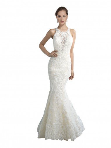 Outlet Deep Illusion Neck Mermaid Tulle Beach Wedding Dress with All Over Lace