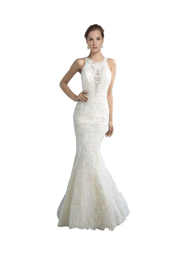 Outlet Deep Illusion Neck Mermaid Tulle Beach Wedding Dress with All Over Lace