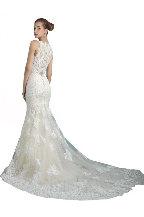 Outlet Deep Illusion Neck Mermaid Tulle Beach Wedding Dress with All Over Lace