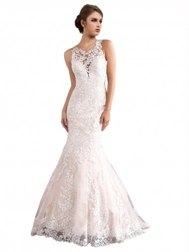 Outlet Illusion Neck Fit and Flare Tulle Wedding Dress with All Over Lace