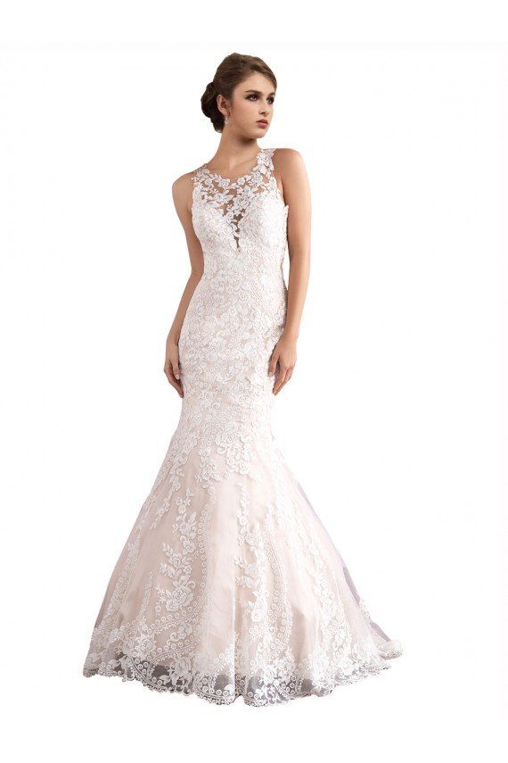 Outlet Illusion Neck Fit and Flare Tulle Wedding Dress with All Over Lace
