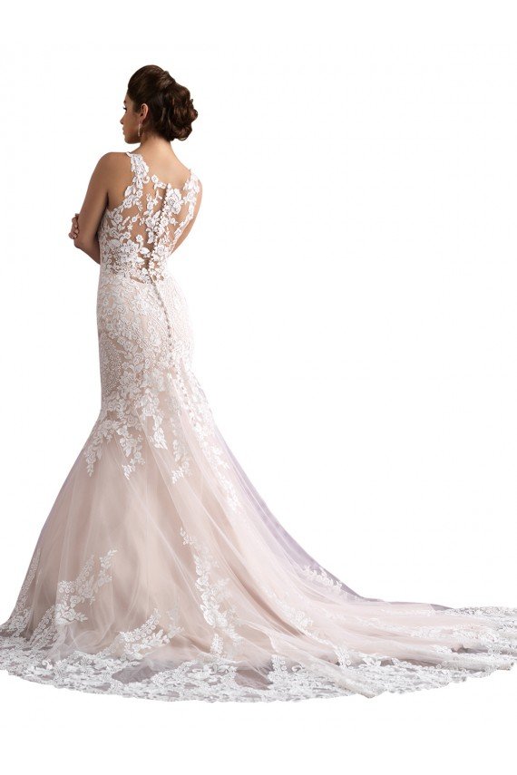 Outlet Illusion Neck Fit and Flare Tulle Wedding Dress with All Over Lace