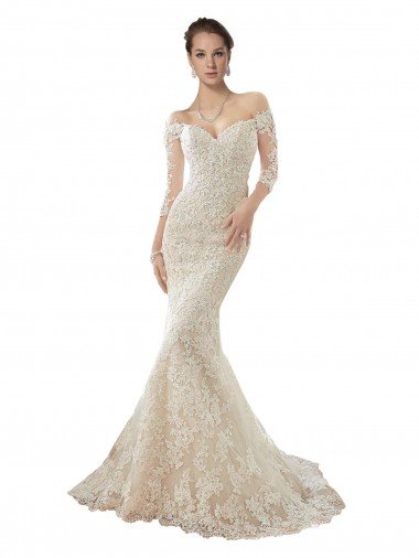 Outlet Long Sleeves Off the Shoulder Trumpet Lace Wedding Dress