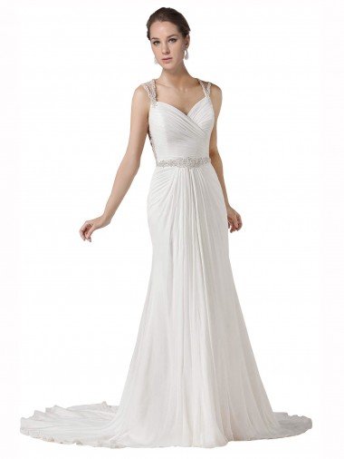 Outlet Sweetheart Sheath Chiffon Beach Wedding Dress with Beaded Belts