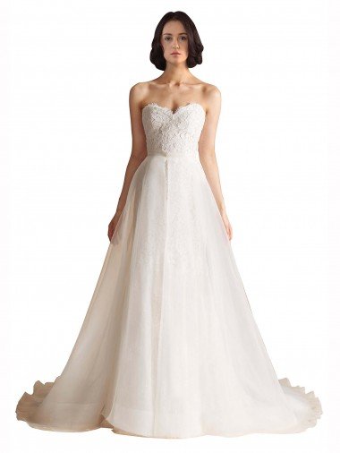 Outlet Strapless Sweetheart Lace Bodice A-Line Organza Wedding Dress