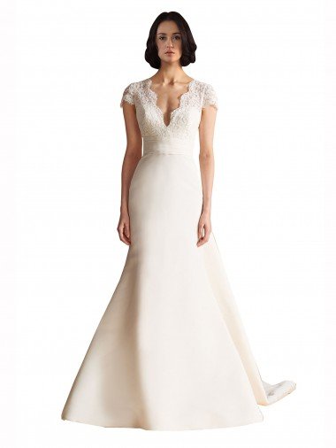 Outlet V-Neck Lace Bodice A-Line Satin Wedding Dress with Keyhole Back