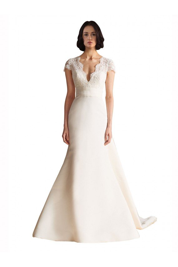 Outlet V-Neck Lace Bodice A-Line Satin Wedding Dress with Keyhole Back