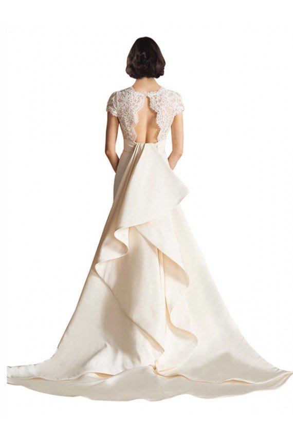Outlet V-Neck Lace Bodice A-Line Satin Wedding Dress with Keyhole Back