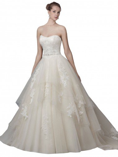 Outlet Strapless Ball Gown Tulle Wedding Dress with Lace Appliques