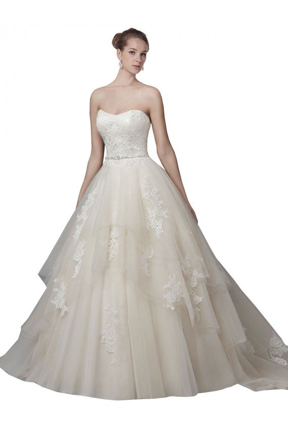 Outlet Strapless Ball Gown Tulle Wedding Dress with Lace Appliques