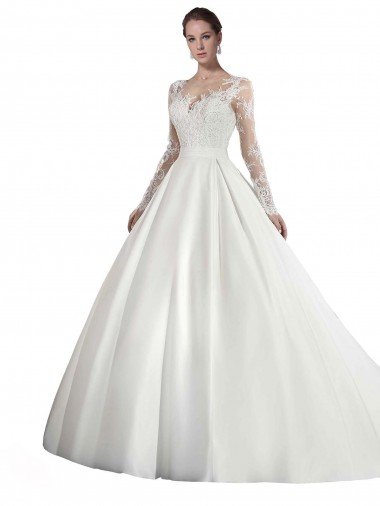 Outlet Long Sleeves Illusion Neck A-Line Satin Wedding Dress with Lace Bodice
