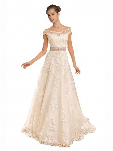 Outlet Off the Shoulder Illusion Back A-Line Lace Beach Wedding Dress