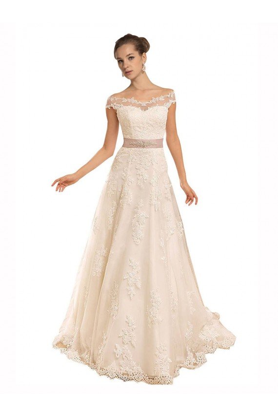 Outlet Off the Shoulder Illusion Back A-Line Lace Beach Wedding Dress