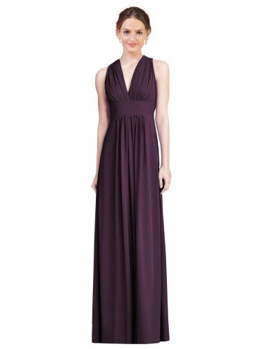 Outlet Long Chiffon V-Neck Bridesmaid Dress with Shirred Bodice