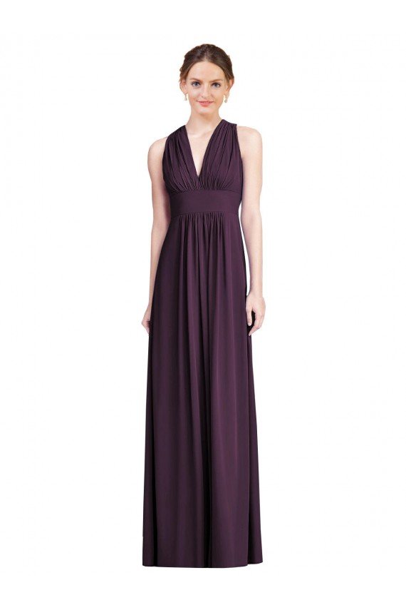 Outlet Long Chiffon V-Neck Bridesmaid Dress with Shirred Bodice