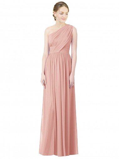 Outlet One Shoulder Long Chiffon Bridesmaid Dress with Shirred Waistband