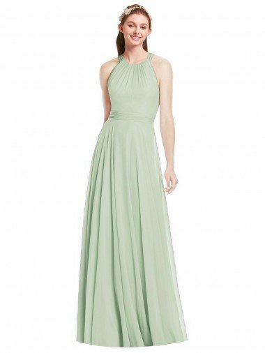 Outlet Open Back Halter Chiffon Bridesmaid Dress with Flowy Bow