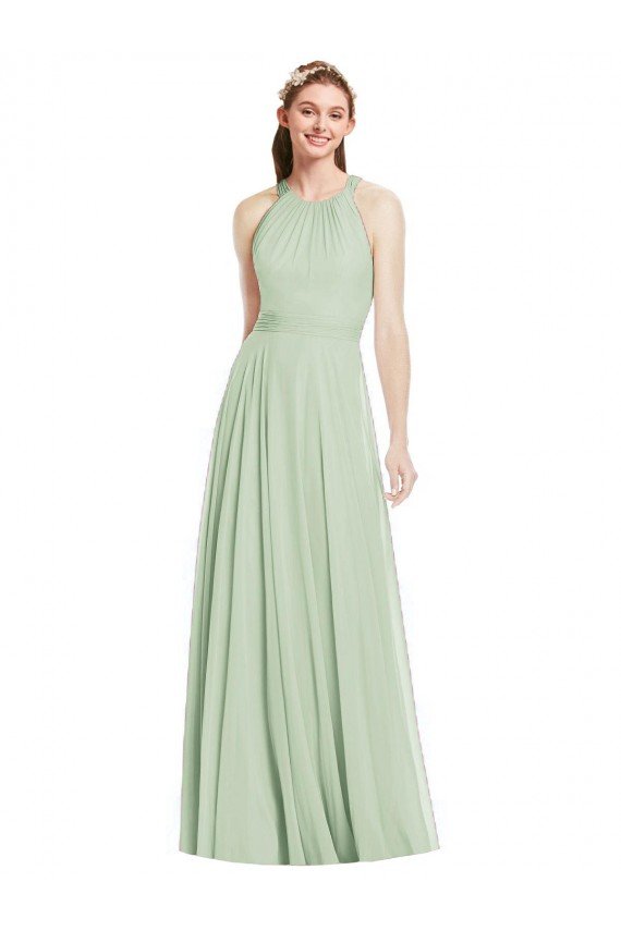 Outlet Open Back Halter Chiffon Bridesmaid Dress with Flowy Bow