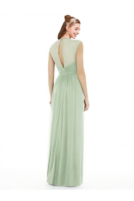 Outlet Sheer Back Cap Sleeves Long Chiffon Bridesmaid Dress 